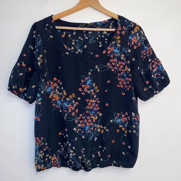Zara Navy Floral Puff Sleeve Elastic Waist Blouse Top Size Medium - Picture 1 of 10